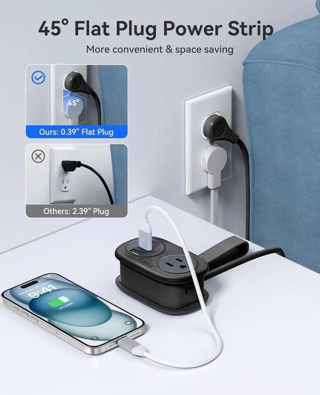 Alt view image 5 of 7 - ORICO Pocket Power Strip for Travel, 5 in 1 Extension Cord with 2 AC Outlets 2 USB-A and 1 USB-C Ports, 3.7 ft Flat Plug Wrapped Around Power Strip for Cruise Office, Hotel, Home- AP3 (Black)