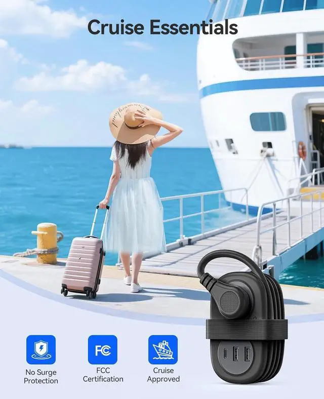 Alt view image 6 of 7 - ORICO Pocket Power Strip for Travel, 5 in 1 Extension Cord with 2 AC Outlets 2 USB-A and 1 USB-C Ports, 3.7 ft Flat Plug Wrapped Around Power Strip for Cruise Office, Hotel, Home- AP3 (Black)