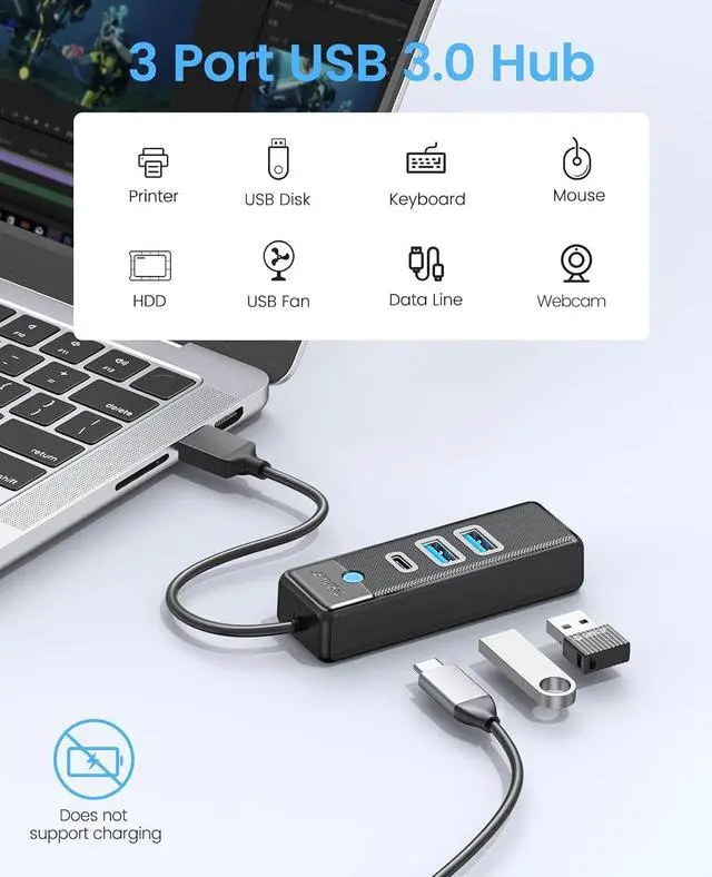 Alt view image 6 of 7 - ORICO USB Hub, 3 Ports USB 3.1 Type A to USB 3.0 Hub Adapter with 2 USBA, 1 Type C for Laptop, Mobile Phone, Tablet with 0.5ft Cable, Compatible with Mac OS 10.X and Above, Linux, Android