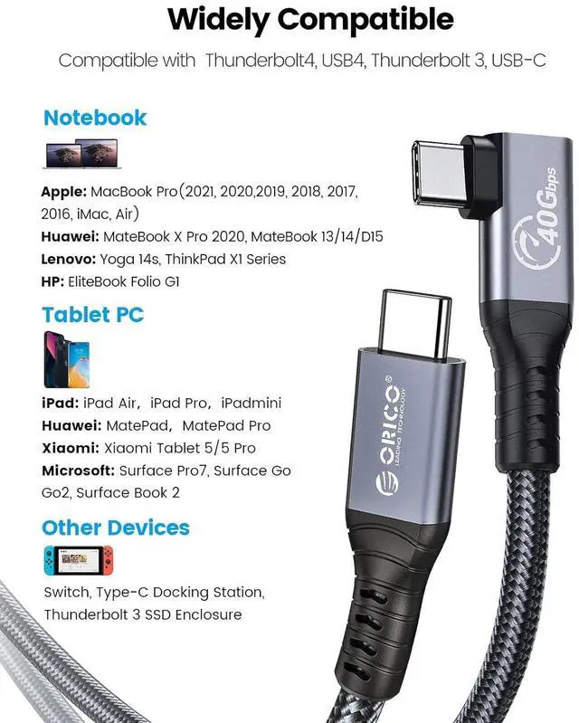 Alt view image 7 of 7 - ORICO Cable Compatible with Thunderbolt 4 Right Angle 6.56Ft,40Gbps USB C to USB C Cable, 100W Charging/Diaply 8K@60Hz Compitable with MacBooks iPad Pro, Thunderbolt 4/3 and USB-C Device