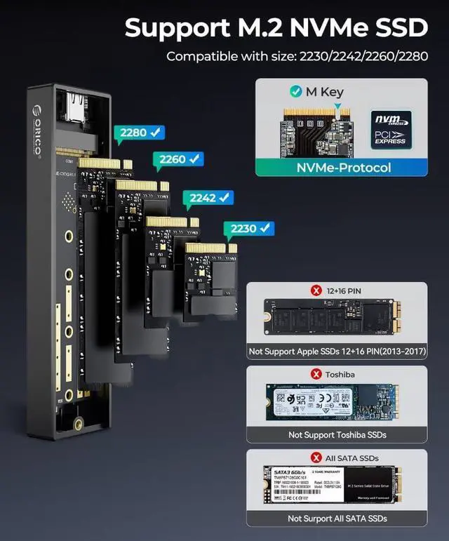Alt view image 3 of 7 - ORICO M.2 NVMe SSD Enclosure, USB 3.1 Gen 2 (10 Gbps) PCIe External Adapter NVMe Case for 2230/2242/2260/2280 M.2 SSD up to 8TB, UASP Supported - M2PV