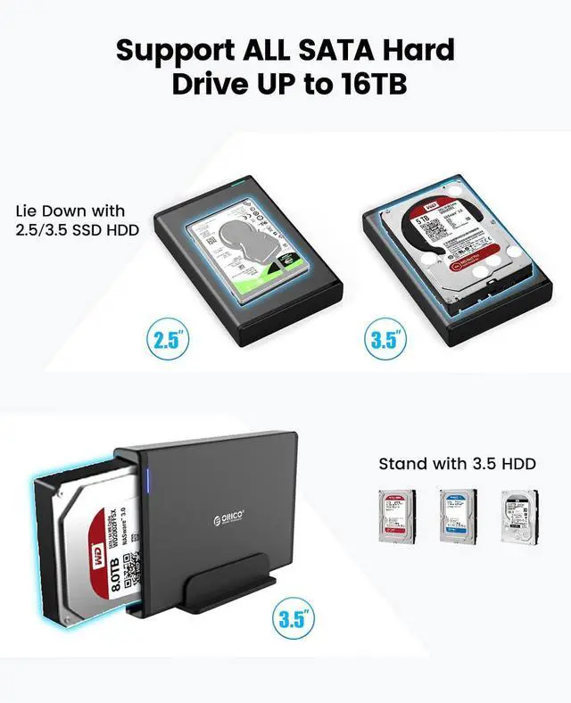 Alt view image 2 of 7 - ORICO 3.5 Inch External Hard Drive Enclosure with Removable Enclosure USB 3.0 to SATA 3.0 5Gbps for SATA 3.5 Inch HDD with 12V 2A Power Supply Adapter (16TB Max, Blue Display) 7688U3