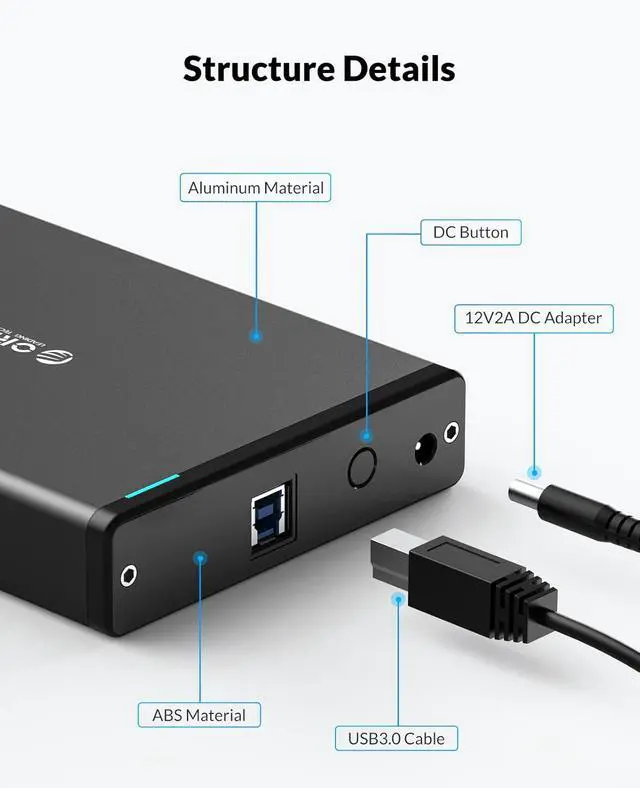 Alt view image 3 of 7 - ORICO 3.5 Inch External Hard Drive Enclosure with Removable Enclosure USB 3.0 to SATA 3.0 5Gbps for SATA 3.5 Inch HDD with 12V 2A Power Supply Adapter (16TB Max, Blue Display) 7688U3