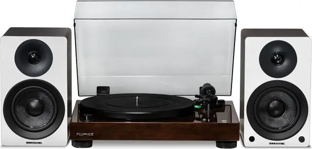 Main image of Fluance RT81 Elite High Fidelity Vinyl Turntable (Walnut) with Ai41 Powered 5" Stereo Bookshelf Speakers (White Walnut), Diamond Stylus, Belt Drive, Built-in Preamp, 90W Class D Amplifier, Bluetooth