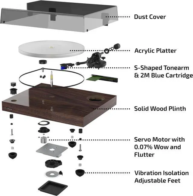 Alt view image 12 of 13 - Fluance RT85 Reference High Fidelity Vinyl Turntable Record Player with Ortofon 2M Blue Cartridge, Acrylic Platter, Speed Control Motor, High Mass MDF Wood Plinth, Vibration Isolation Feet - Walnut