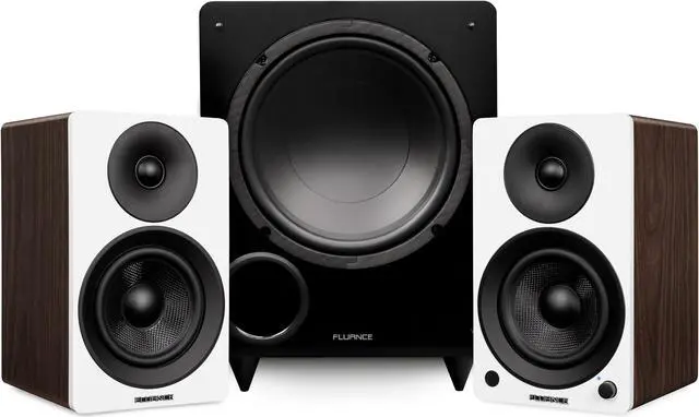 Main image of Fluance Ai41 Powered 5" Stereo Bookshelf Speakers (White Walnut), DB10 10" Low Frequency Ported Front Firing Powered Subwoofer (Natural Walnut), 15 Feet RCA Ultimate Performance Subwoofer Cable