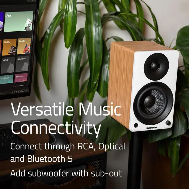 Alt view image 5 of 7 - Fluance Ai41 Powered 2-Way 2.0 Stereo Bookshelf Speakers with Speaker Stands 5" Drivers 90W Amplifier for Turntable Bluetooth 5 Wireless Music Streaming with RCA Optical Subwoofer Out (Lucky Bamboo)
