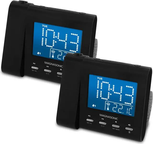 Alt view image 7 of 11 - Magnasonic Projection Alarm Clock with AM/FM Radio, Battery Backup, Auto Time Set, Dual Alarm, Sleep Timer, Indoor Temperature/Day/Date Display with Dimming & Audio Input for Smartphones - 2 Pack