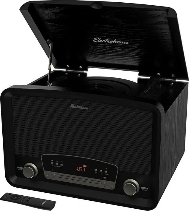 Alt view image 3 of 6 - Electrohome Kingston 7-in-1 Vintage Vinyl Record Player Stereo System with 3-Speed Turntable, Bluetooth, AM/FM Radio, CD, Aux In, RCA/Headphone Out with 1 Year Extended Warranty (RR75B)