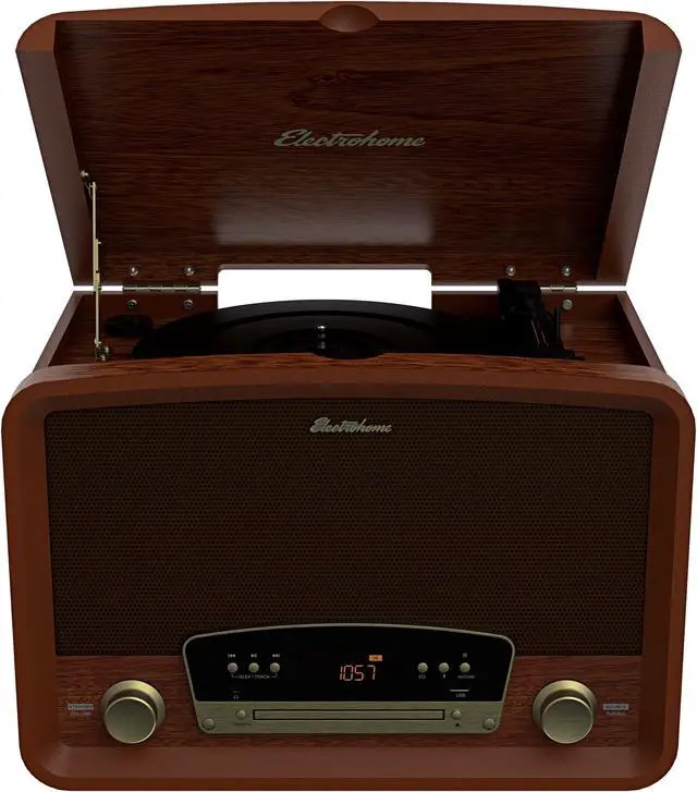 Alt view image 2 of 6 - Electrohome Kingston 7-in-1 Vintage Vinyl Record Player Stereo System with 3-Speed Turntable, Bluetooth, AM/FM Radio, CD, Aux In, RCA/Headphone Out with 1 Year Extended Warranty (RR75)