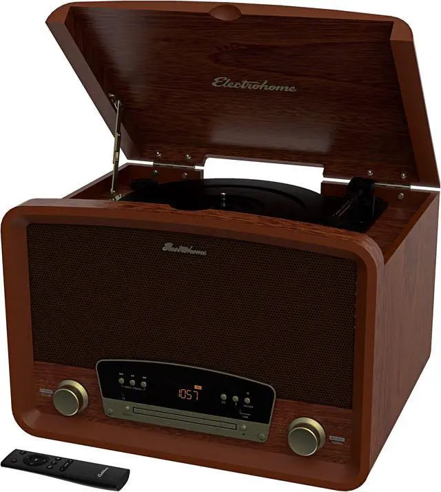 Alt view image 3 of 6 - Electrohome Kingston 7-in-1 Vintage Vinyl Record Player Stereo System with 3-Speed Turntable, Bluetooth, AM/FM Radio, CD, Aux In, RCA/Headphone Out with 1 Year Extended Warranty (RR75)