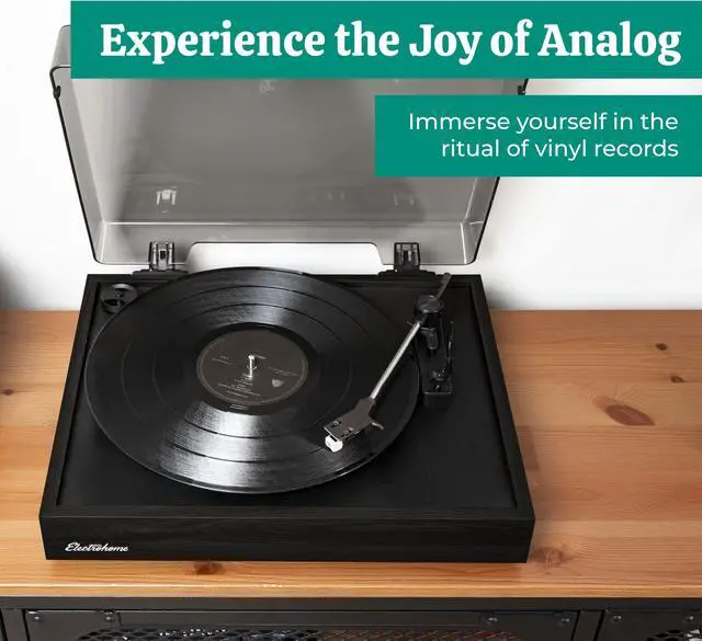 Alt view image 6 of 7 - Electrohome Montrose Vinyl Record Player 2-Speed Belt-Drive Turntable, with Audio-Technica Stylus, Speed Control Motor, Built-in Preamp, Wood Plinth, Anti-resonant Platter, Auto-Stop (RR35B)