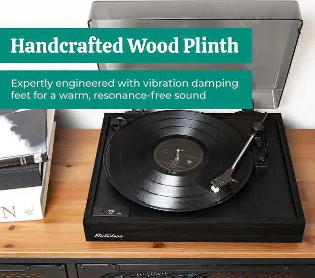 Alt view image 7 of 7 - Electrohome Montrose Wireless Vinyl Record Player 2-Speed Belt-Drive Turntable, with Audio-Technica Stylus, Bluetooth, Vinyl-to-MP3 Recording, Speed Control Motor, Built-in Preamp, Wood Plinth (RR36B)