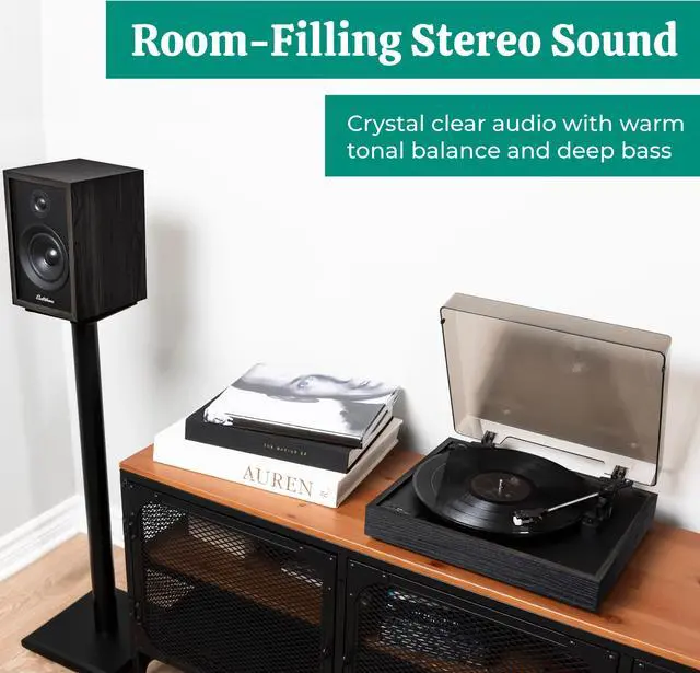 Alt view image 2 of 7 - Electrohome Montrose Record Player Stereo System, 4" Bluetooth Powered Bookshelf Speakers, Belt-Drive Bluetooth Turntable with Audio-Technica Stylus, Vinyl-MP3 Recording, Built-in Preamp