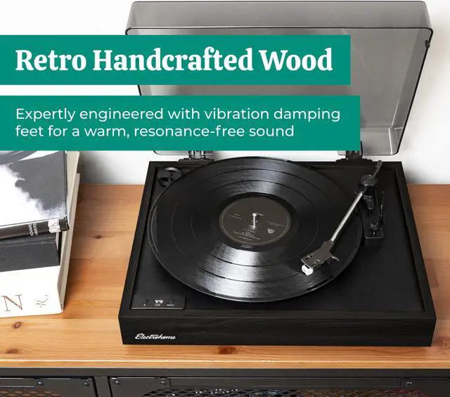 Alt view image 3 of 7 - Electrohome Montrose Record Player Stereo System, 4" Bluetooth Powered Bookshelf Speakers, Belt-Drive Bluetooth Turntable with Audio-Technica Stylus, Vinyl-MP3 Recording, Built-in Preamp
