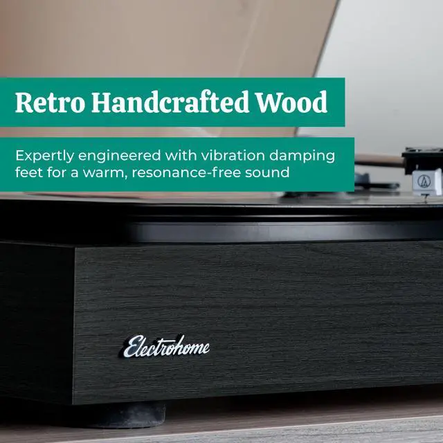 Alt view image 4 of 7 - Electrohome Montrose Record Player Stereo System, 4" Bluetooth Powered Bookshelf Speakers, Belt-Drive Turntable with Audio-Technica Stylus, Speed Control Motor, Built-in Preamp, Wood Plinth