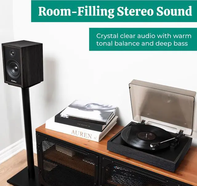 Alt view image 3 of 7 - Electrohome Montrose Record Player Stereo System, 4" Bluetooth Powered Bookshelf Speakers, Belt-Drive Turntable with Audio-Technica Stylus, Speed Control Motor, Built-in Preamp, Wood Plinth