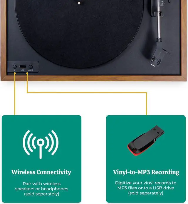 Alt view image 3 of 7 - Electrohome Montrose Wireless Vinyl Record Player 2-Speed Belt-Drive Turntable, with Audio-Technica Stylus, Bluetooth, Vinyl-to-MP3 Recording, Speed Control Motor, Built-in Preamp, Wood Plinth (RR36)