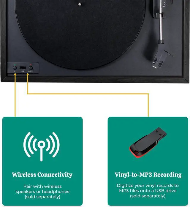 Alt view image 3 of 7 - Electrohome Montrose Wireless Vinyl Record Player 2-Speed Belt-Drive Turntable, with Audio-Technica Stylus, Bluetooth, Vinyl-to-MP3 Recording, Speed Control Motor, Built-in Preamp, Wood Plinth (RR36B)