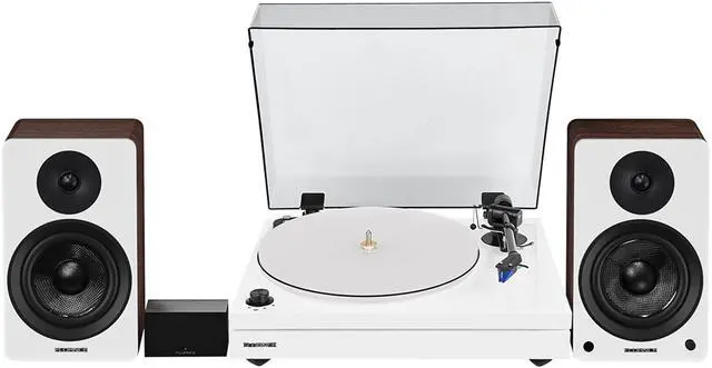 Main image of Fluance RT87 Reference High Fidelity Dual-Plinth Turntable (Piano White), Ai41 Powered Bookshelf Speakers (White Walnut), PA10 Phono Preamp