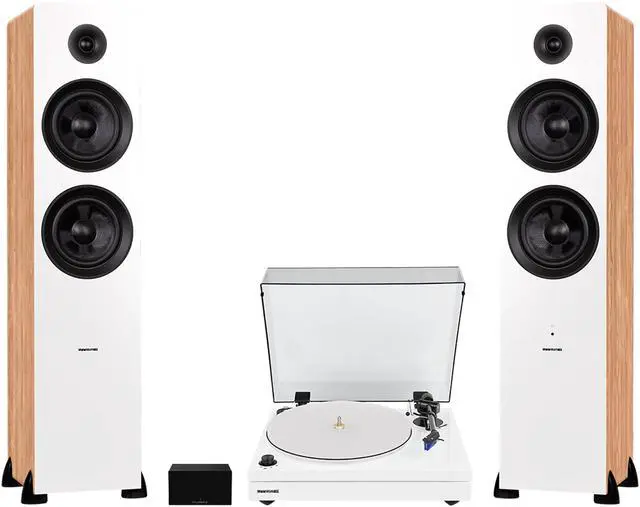 Main image of Fluance RT87 Reference High Fidelity Dual-Plinth Turntable (Piano White), Ai81 Powered Floorstanding Tower Speakers (Lucky Bamboo), PA10 Phono Preamp
