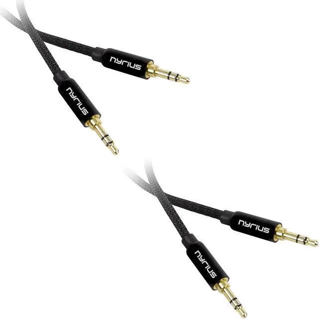 Main image of Nyrius Premium 3.5mm Auxiliary Audio Cable (3 Feet) with Tangle Free Braided Protective Shielding & Gold Plated Step Down Connector for Smartphones, Tablets, Home Stereo, Car Audio (AC03) - 2 Pack