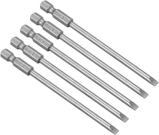 Main image of 5Pcs 1/4" Hex Shank 100mm Length Magnetic SL4 Slot Head Screwdriver Bits S2 Alloy Steel