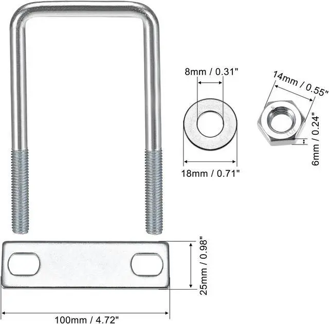 Alt view image 3 of 4 - Square U-Bolts 2-3/4"(70mm) Inner Width 160mm Height Carbon Steel M8 with Nuts, Frame Plate, Round Washers 2 Set
