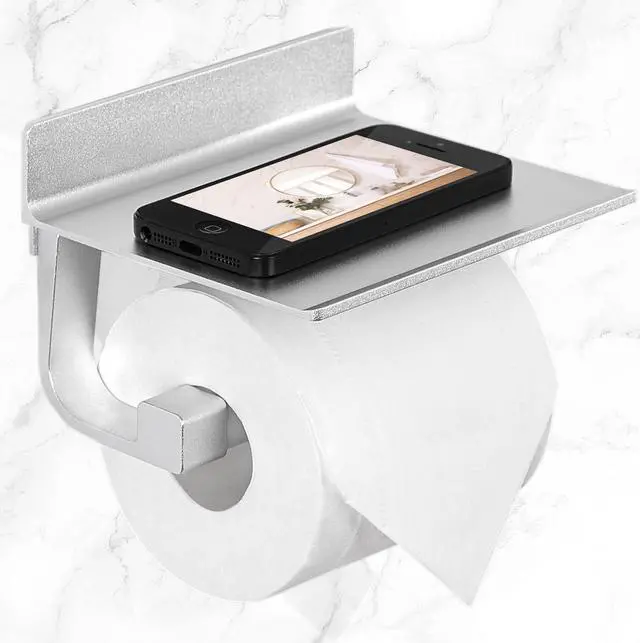 Alt view image 3 of 7 - Toilet Paper Holder with Phone Shelf No Drilling Tissue Towel Holder for Bathroom Adhesive Silver