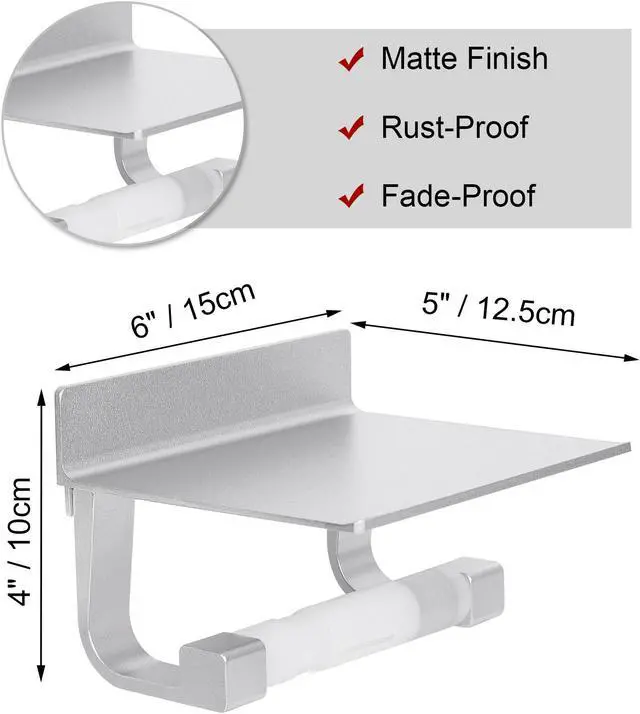 Alt view image 6 of 7 - Toilet Paper Holder with Phone Shelf No Drilling Tissue Towel Holder for Bathroom Adhesive Silver