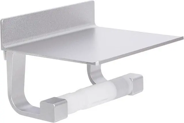 Main image of Toilet Paper Holder with Phone Shelf No Drilling Tissue Towel Holder for Bathroom Adhesive Silver