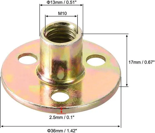 Alt view image 3 of 6 - M10x36x2.5mm Brad Hole Tee Nut Carbon Steel T-Nuts Furniture Hardware Flange Insert Female Thread with Screws 10pcs