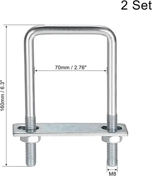 Alt view image 2 of 4 - Square U-Bolts 2-3/4"(70mm) Inner Width 160mm Height Carbon Steel M8 with Nuts, Frame Plate, Round Washers 2 Set
