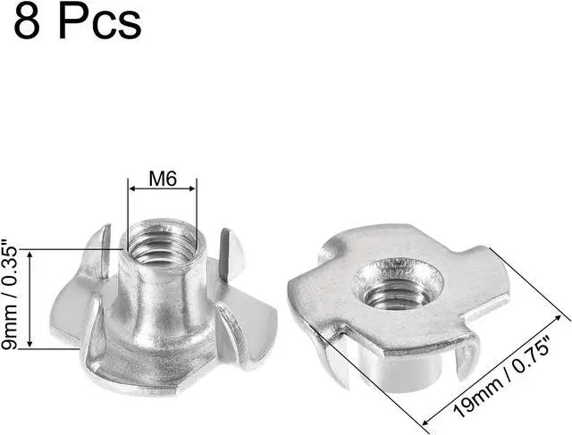 Alt view image 2 of 6 - M6 Tee Nut 4 Pronged T-Nut for Table Legs Woodwork Holds Wood Cabinetry 8pcs
