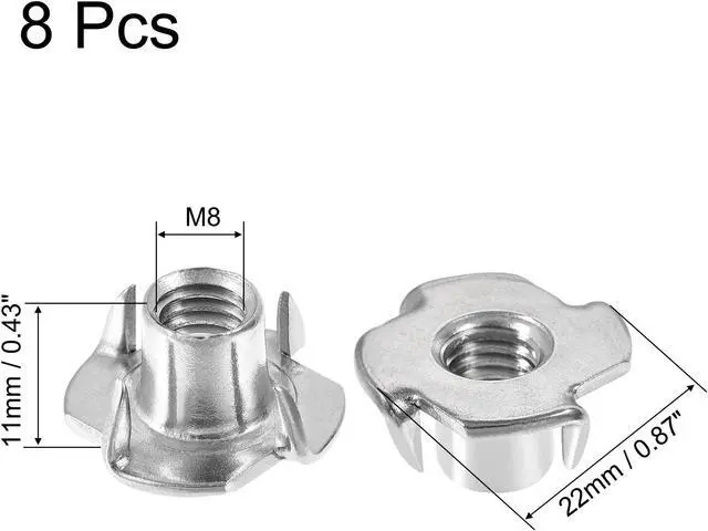 Alt view image 2 of 6 - M8 Tee Nut 4 Pronged T-Nut for Table Legs Woodwork Holds Wood Cabinetry 8pcs