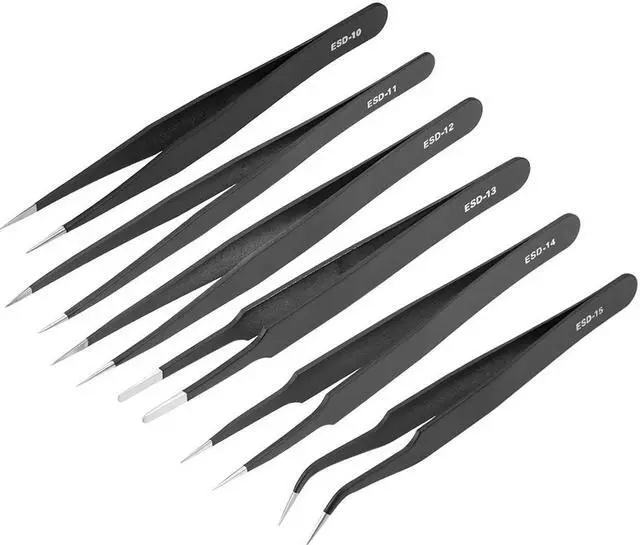 Main image of ESD Precision Anti-Static Tweezers Set, Stainless Steel Round Curved Pointed Tweezers Kit for Craft Jewelry Electronics, 6 Pack