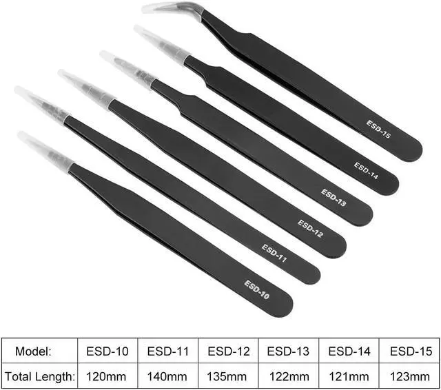 Alt view image 2 of 3 - ESD Precision Anti-Static Tweezers Set, Stainless Steel Round Curved Pointed Tweezers Kit for Craft Jewelry Electronics, 6 Pack