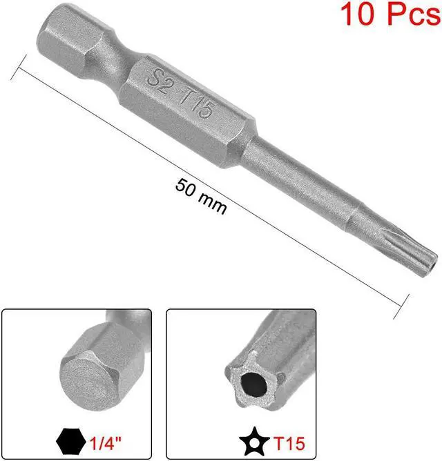Alt view image 2 of 4 - 10pcs 50mm 1/4" Hex Shank T15 Magnetic Star Security Head Screwdriver Bits S2