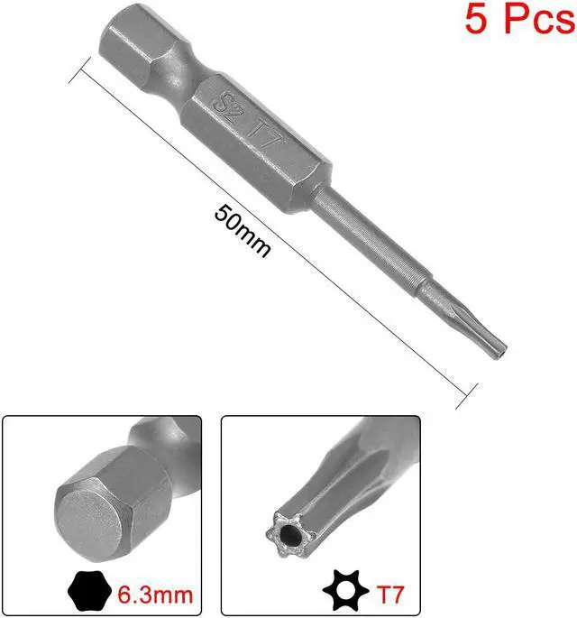 Alt view image 2 of 4 - 5pcs 50mm 1/4" Hex Shank T7 Magnetic Torx Head Security Screwdriver Bits S2