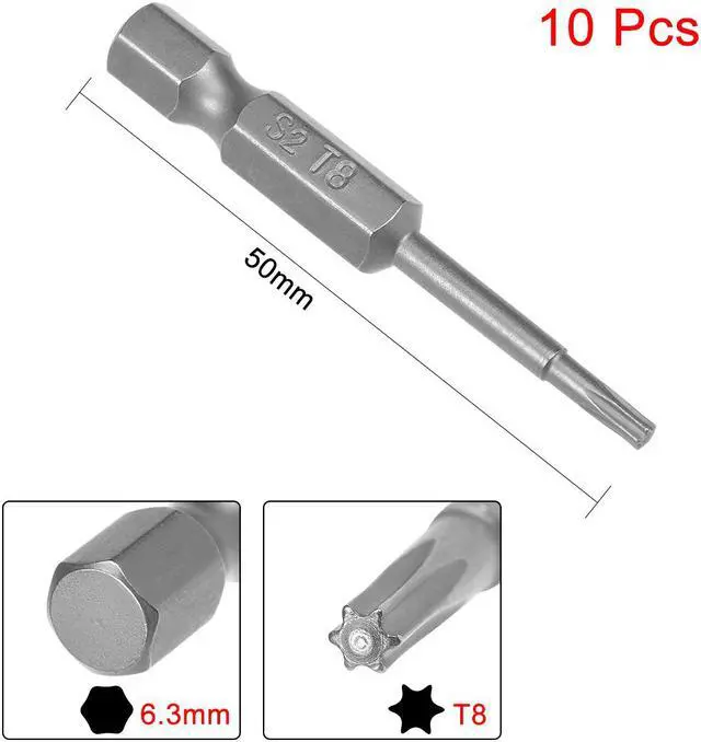 Alt view image 2 of 4 - 10pcs 50mm 1/4" Hex Shank T8 Magnetic Torx Head Screwdriver Bits S2 Alloy Steel