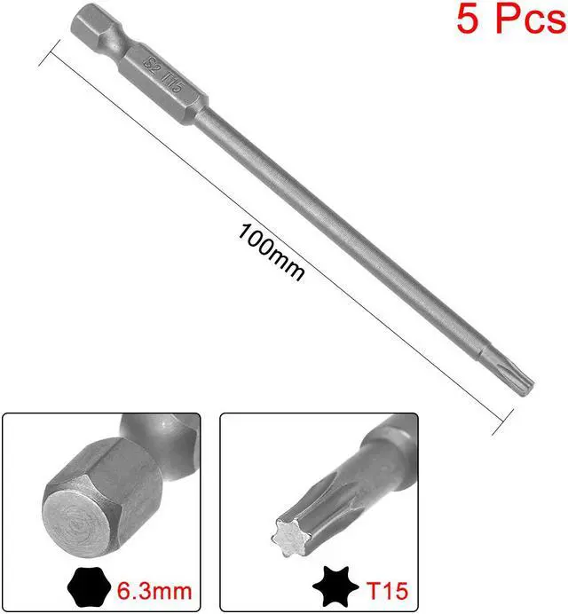 Alt view image 2 of 4 - 5pcs 100mm 1/4" Hex Shank T15 Magnetic Torx Head Screwdriver Bits S2