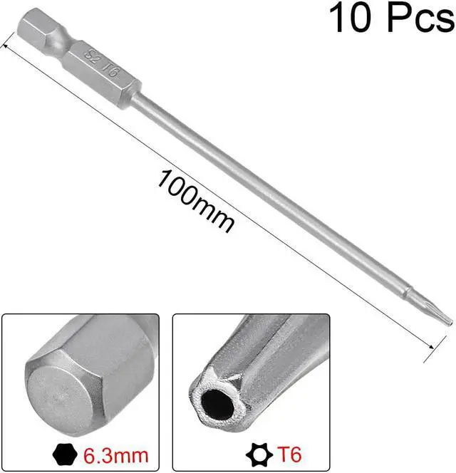 Alt view image 2 of 5 - 10 Pcs 1/4" Hex Shank T6 Magnetic Security Torx Screwdriver Bits 100mm Length