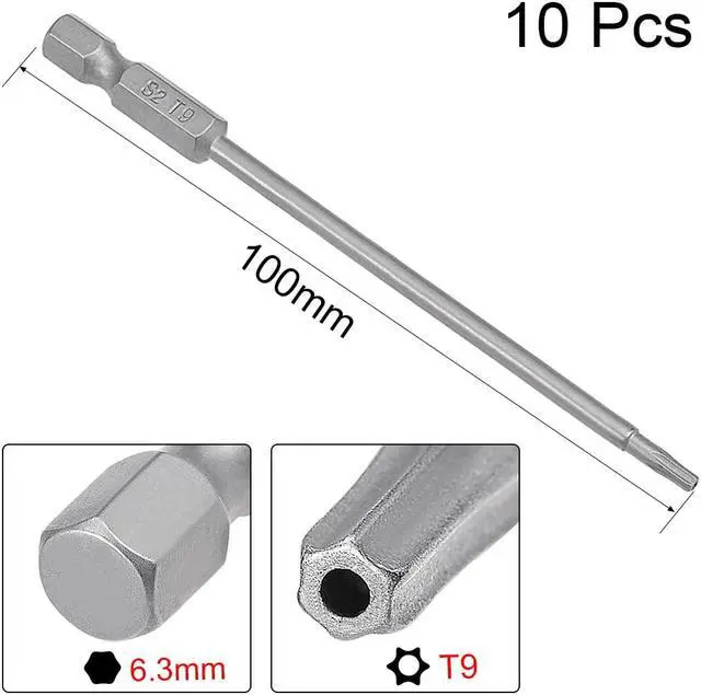 Alt view image 2 of 5 - 10 Pcs 1/4" Hex Shank T9 Magnetic Security Torx Screwdriver Bits 100mm Length