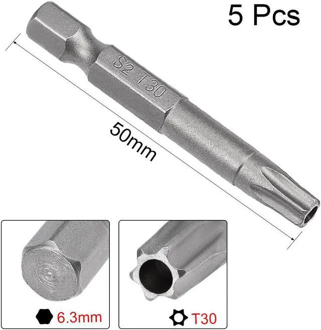 Alt view image 2 of 5 - 5 Pcs 1/4" Hex Shank T30 Magnetic Security Torx Screwdriver Bits 50mm Length