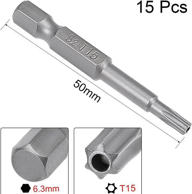 Alt view image 2 of 5 - 15 Pcs 1/4" Hex Shank T15 Magnetic Security Torx Screwdriver Bits 50mm Length