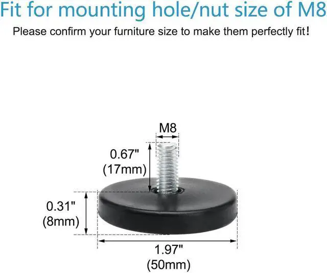 Alt view image 6 of 7 - M8 x 17 x 50mm Leveling Feet Adjustable Leveler Cover for House Cabinet Leg 4pcs