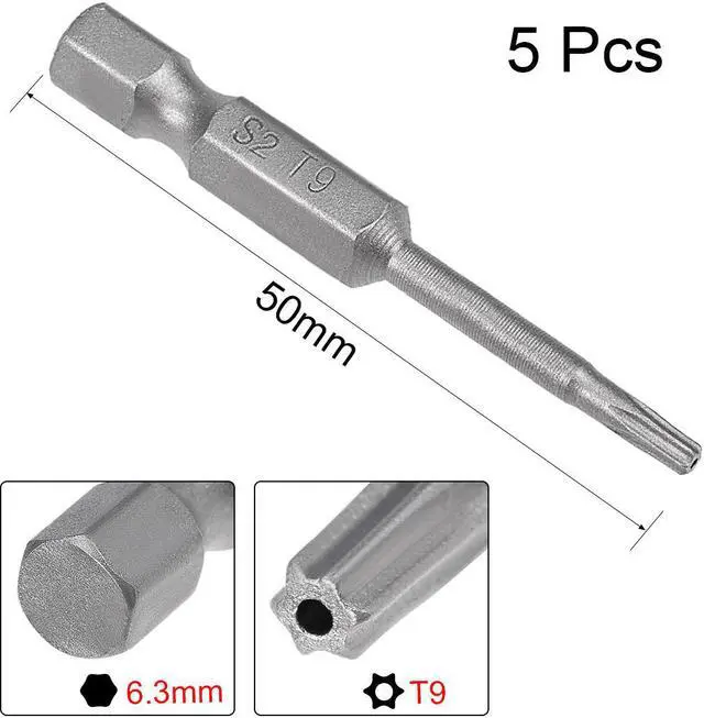 Alt view image 2 of 5 - 5 Pcs 1/4" Hex Shank T9 Magnetic Security Torx Screwdriver Bits 50mm Length