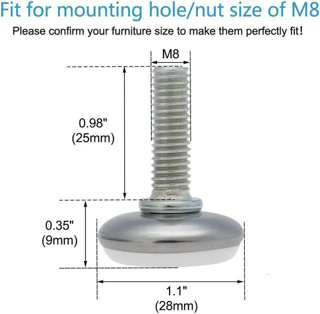 Alt view image 2 of 7 - M8 x 25 x 28mm Leveling Feet Adjustable Leveler Desk Leg, White Cap, 8pcs