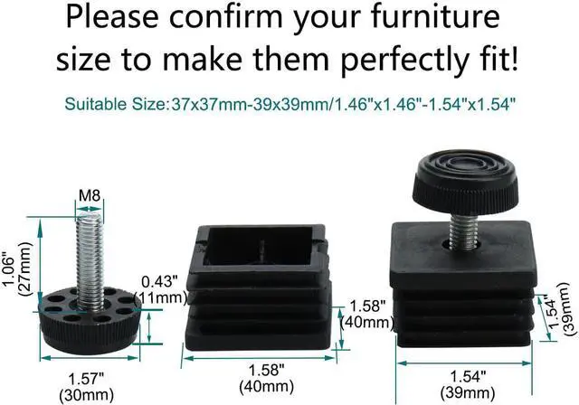 Alt view image 2 of 7 - Leveling Feet 40 x 40mm Square Tube Insert Table Leg Adjustable Leveler 4 Sets