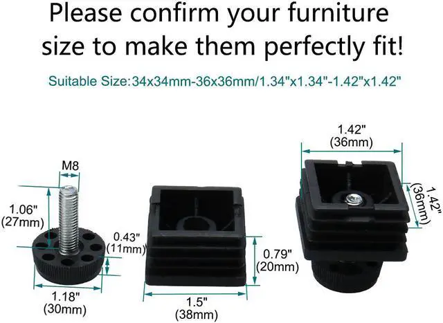 Alt view image 2 of 7 - Leveling Feet 38 x 38mm Square Tube Inserts Kit Furniture Glide Adjuster 8 Sets